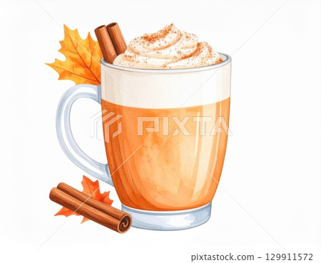 Pumpkin Spice Latte with Whipped Cream and Cinnamon Sticks on White Background 129911572