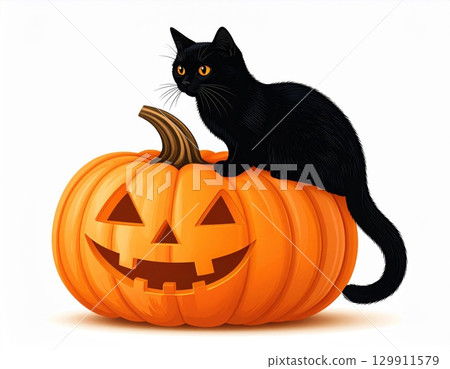 Black Cat Sitting on an Orange Halloween Pumpkin on a White Background with Festive Theme Black Cat Sitting on an Orange Halloween Pumpkin on a White Background with Festive Theme 129911579