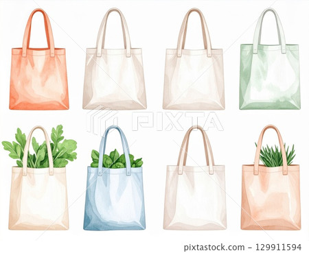 Tote Bags Grouped in Various Pastel Colors with Plants Minimalist White Background 129911594