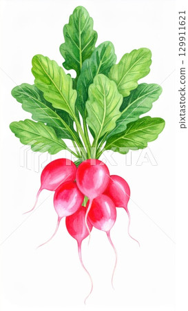 Botanical Watercolor Painting of Fresh Radishes with Green Leaves on White Background 129911621