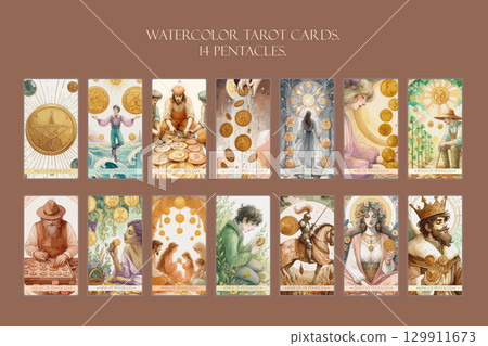 Tarot Card Suit of Pentacles Minor Arcana. Watercolor Floral Illustrations, Set of 14. Tarot Card Suit of Pentacles Minor Arcana. Watercolor Floral Illustrations, Set of 14. 129911673