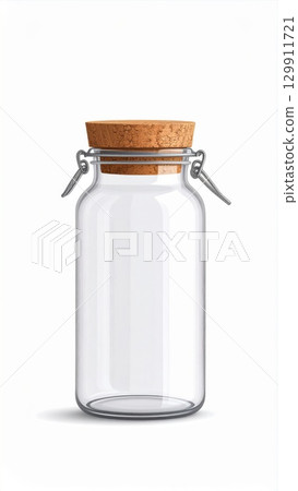 Empty Clear Glass Jar with Cork Lid and Metal Clip on White Background 129911721