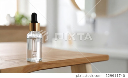Close Up of a Cosmetic Serum Bottle with Dropper on Wooden Surface in Room 129911740