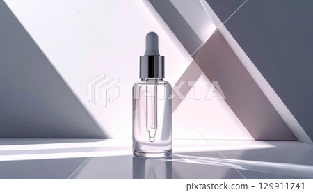 Cosmetic Serum in Clear Glass Bottle with Dropper on Shiny White Surface 129911741