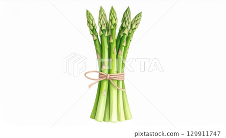 Bundle of Fresh Green Asparagus Tied with Twine on a White Background Flatlay 129911747