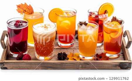 Colorful Assortment of Autumn Cocktails with Orange and Cinnamon on Wooden Tray Colorful Assortment of Autumn Cocktails with Orange and Cinnamon on Wooden Tray 129911762