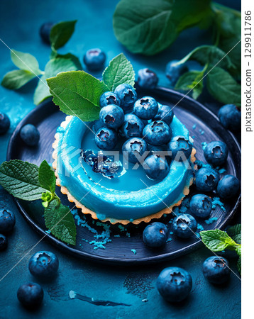 Homemade mini tart with blueberry and whipped cream. Delicious desserts. AI Generated. 129911786