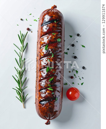 Grilled Sausage with Rosemary and Tomato on a White Background Food Presentation Grilled Sausage with Rosemary and Tomato on a White Background Food Presentation 129911874