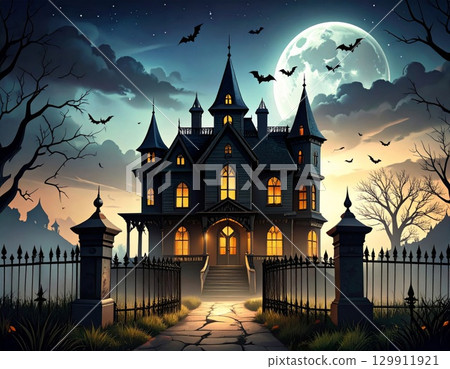 Mysterious Halloween Haunted House with Bats Flying Under Full Moon in Dark Sky 129911921