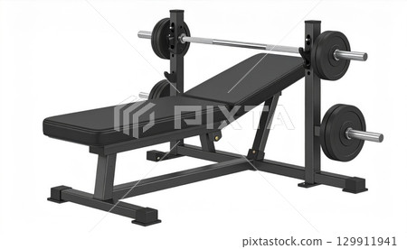 Weightlifting Bench with Barbell and Weights on White Background for Exercise 129911941