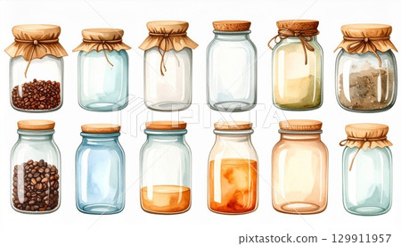 Collection of Watercolor Glass Jars with Various Contents and Cork Lids Collection of Watercolor Glass Jars with Various Contents and Cork Lids 129911957