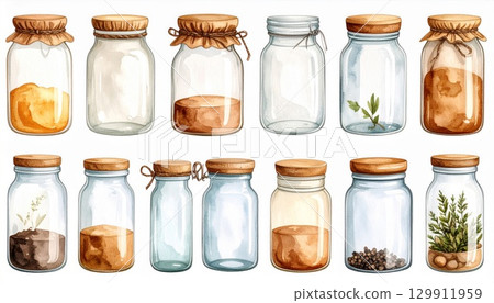 Row of Watercolor Mason Jars with Various Contents on a White Background 129911959