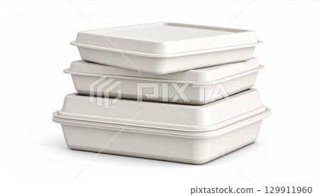 Stack of Takeout Containers White Background Disposable Food Packaging 129911960