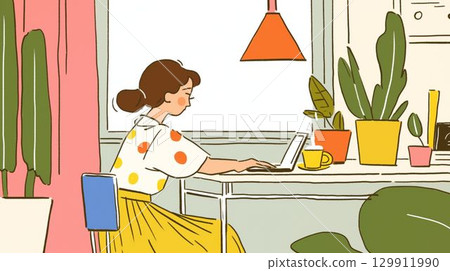 Illustration of a woman working from home surrounded by houseplants 129911990