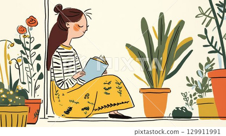 Illustration of a woman enjoying reading surrounded by plants 129911991