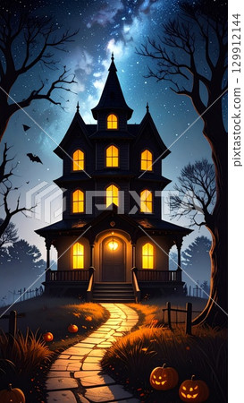Mysterious Three Story Haunted House at Night under Moonlit Sky Halloween Theme 129912144