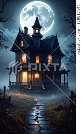 Sinister Old Mansion at Night under a Big Moon with Fog and Spooky Halloween Theme 129912145