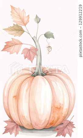 Watercolor Pumpkin with Autumn Leaves in Pastel Tones Still Life Illustration 129912219