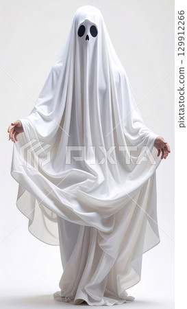 Full Shot Of White Ghost Costume With White Sheet And Black Eyes Against White Background 129912266