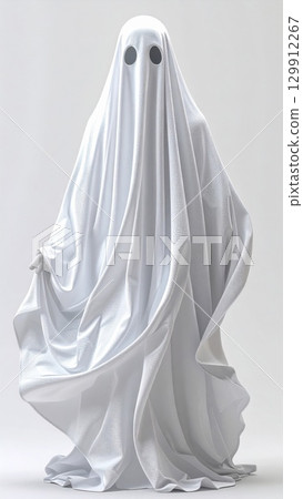 Full Length Ghost Figure Covered in White Sheet Fabric in Studio Setting Full Length Ghost Figure Covered in White Sheet Fabric in Studio Setting 129912267
