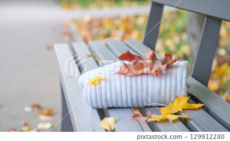 Cozy White Sweater and Autumn Leaves on a Gray Bench in Natural Light 129912280