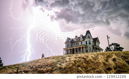 Dramatic Lightning Strikes Near Old Victorian House on Grassy Hill Under Stormy Sky Dramatic Lightning Strikes Near Old Victorian House on Grassy Hill Under Stormy Sky 129912289