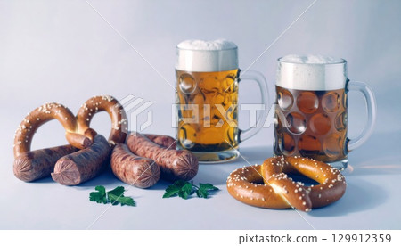 German Beer with Pretzels and Sausages Arranged on a Light Background Still Life 129912359