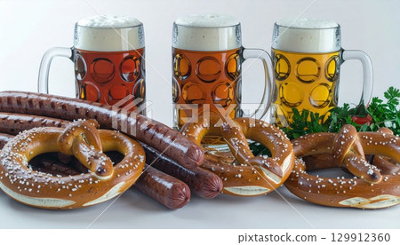 Assorted Bavarian Beer Mugs with Sausages and Pretzels on White Background 129912360