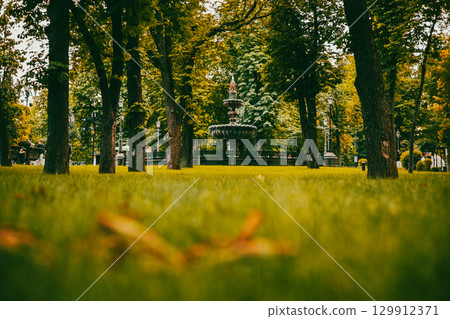 The beautiful fountain in autumnal park, grass, and big trees on a sunny day. A serene scene featuring a green lawn, trees, and a classic fountain in the background, perfect for a tranquil atmosphere. 129912371