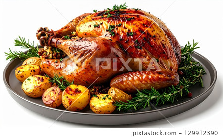 Roasted Turkey Garnished with Rosemary and Potatoes on Gray Plate in Studio Roasted Turkey Garnished with Rosemary and Potatoes on Gray Plate in Studio 129912390