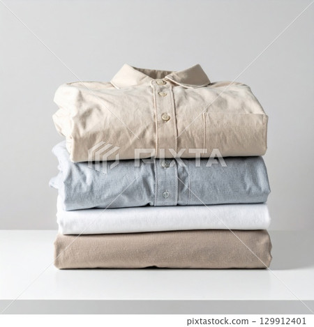 Stacked Casual Shirts in Beige Gray and White Colors on White Tabletop 129912401