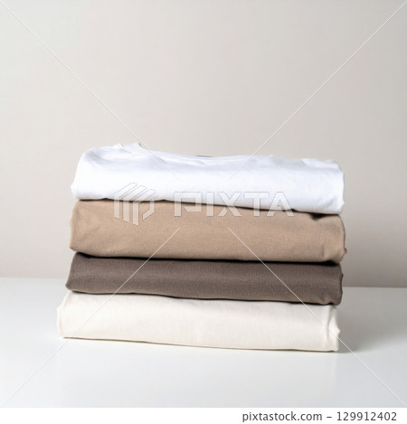 Stack of Folded Beige White and Brown Linen on a White Tabletop Neutral Backdrop 129912402