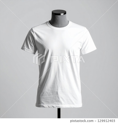 Plain White Short Sleeve T-Shirt on a Mannequin Isolated on Gray Background 129912403