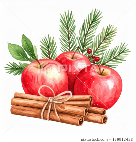 Red Apples Cinnamon Sticks with Green Fir Branches on White Background Watercolor Style 129912438