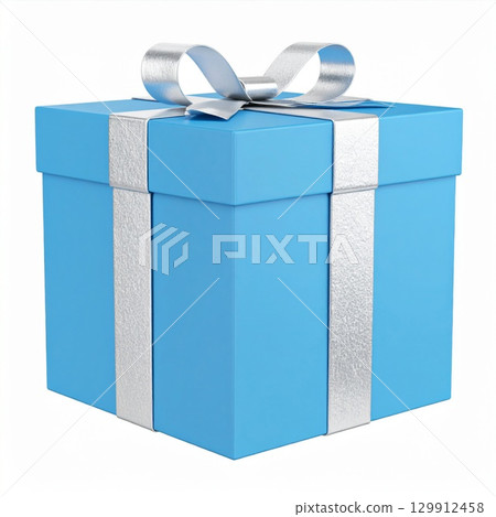 Light Blue Gift Box with Silver Ribbon on White Background for Celebrations 129912458