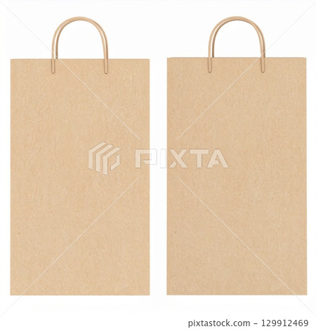Two Blank Brown Paper Shopping Bags with Rope Handles Isolated on White 129912469