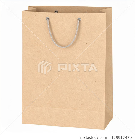 Isolated Brown Paper Shopping Bag with Rope Handles on White Background 129912470