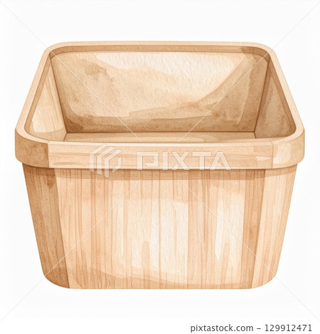 Empty Wooden Storage Container with Square Shape in Natural Light on White 129912471