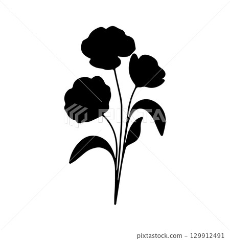 Black silhouette of three flowers with leaves in a minimalist design on a white background showcasing elegance in simplicity Black silhouette of three flowers with leaves in a minimalist design on a white background showcasing elegance in simplicity 129912491