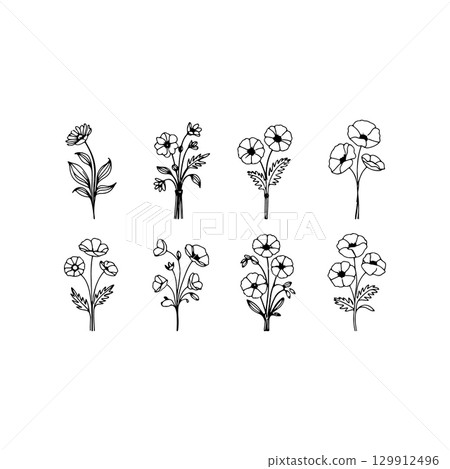 Collection of hand-drawn floral illustrations showcasing various flower types in diverse arrangements and styles 129912496