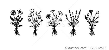 Floral illustrations featuring various bouquet designs with intricate details and distinct shapes Floral illustrations featuring various bouquet designs with intricate details and distinct shapes 129912516