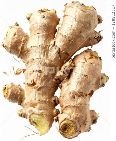 Detailed Studio Shot of Ginger Root with Brown Skin and White Background 129912517