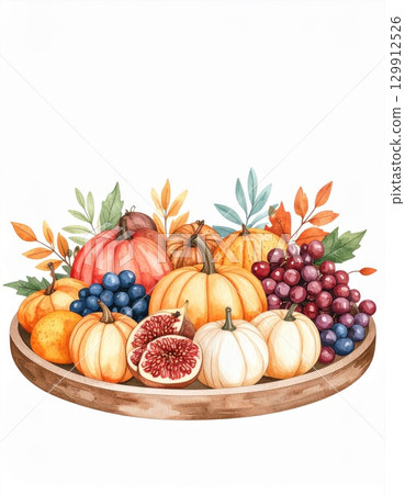 Autumn Harvest Still Life with Pumpkins Figs and Grapes on Wooden Tray 129912526