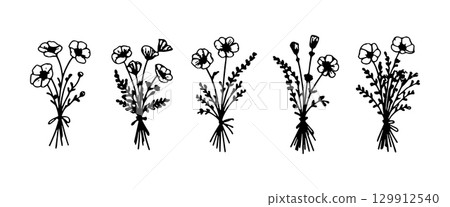 Floral illustrations showcasing a variety of flower bouquets with detailed line art and unique designs for decoration and craft projects Floral illustrations showcasing a variety of flower bouquets with detailed line art and unique designs for decoration and craft projects 129912540