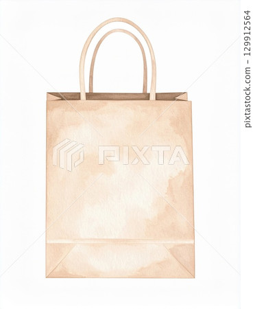 Simple Plain Paper Bag with Handles Isolated on White Background Artistic Texture 129912564
