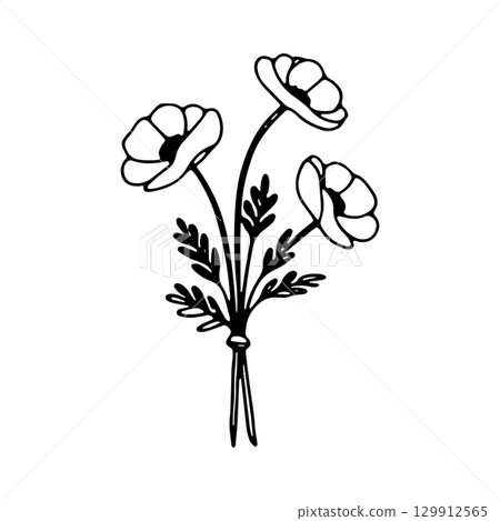Delicate black and white floral design featuring three blooming flowers with leaves and stems 129912565