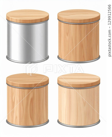 Cylindrical Containers with Wooden Lids in Silver and Wood on White Backdrop 129912566