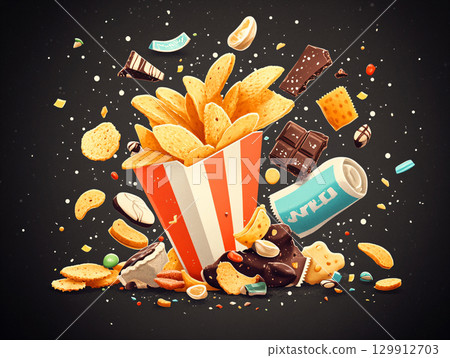 Unhealthy Snack. Chaotic pile of unhealthy snacks, such as potato chips, cookies,  Art background. AI Generated. 129912703