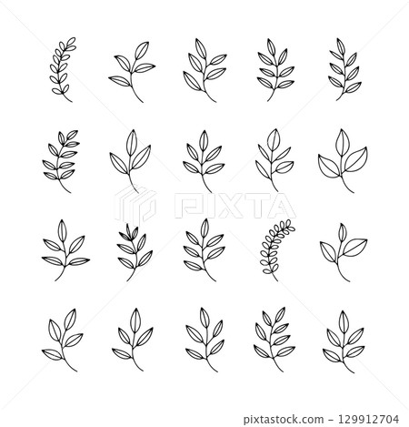 Various hand-drawn leaf designs displayed in a grid format showcasing diverse shapes and sizes 129912704