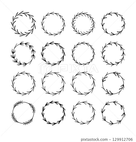 Various circular wreath designs featuring simple leaf patterns suitable for decorative purposes 129912706